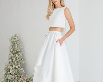 Two Piece Wedding Dress, Ivory High Low Skirt, Bridal Crop Top with Open Back, Cascade Wedding Dress - EMMA