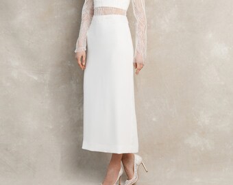 Midi Wedding Skirt, Ivory Crepe Skirt With Back Slit, Reception Skirt, Bridal Separates - ELIANNA