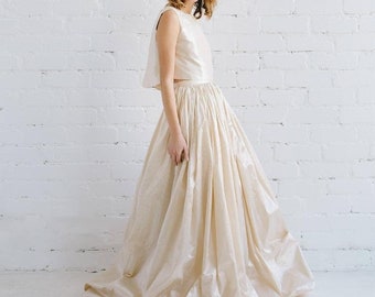 Silk Tafetta Wedding Dress, Champagne Silk Wedding Skirt with Train, Bridal Top with Open Back - LAYLA