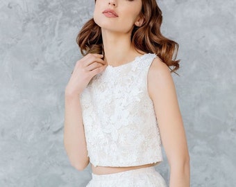 Sleeveless Lace Wedding Top with Open Back, Bridal Crop Top, Wedding Separates Top - AKVILE