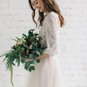 Nude Two Piece Wedding Dress, Floral Lace Wedding Top with Wide Sleeves, Bridal Tulle Skirt with Train PEONY LIMITED image 9