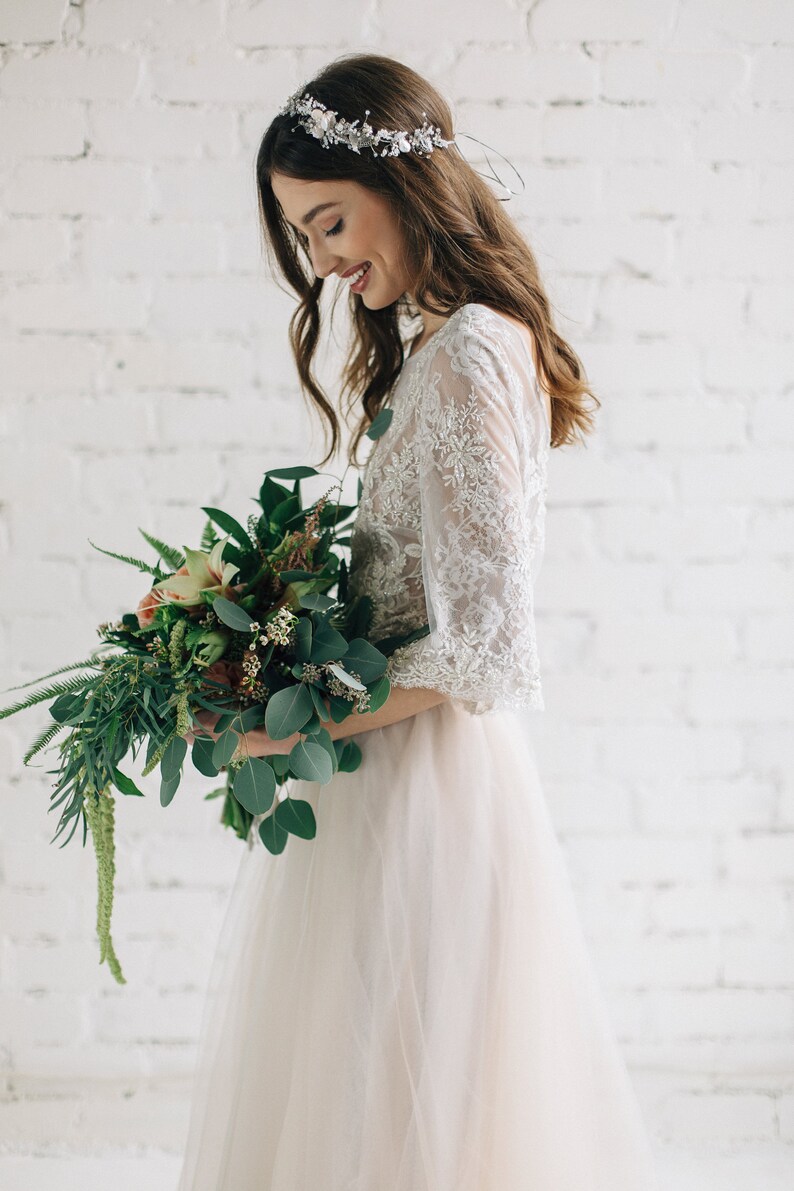 Nude Two Piece Wedding Dress, Floral Lace Wedding Top with Wide Sleeves, Bridal Tulle Skirt with Train PEONY LIMITED image 9