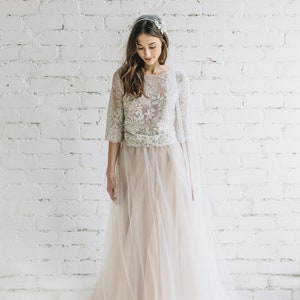 Nude Two Piece Wedding Dress, Floral Lace Wedding Top with Wide Sleeves, Bridal Tulle Skirt with Train PEONY LIMITED image 2