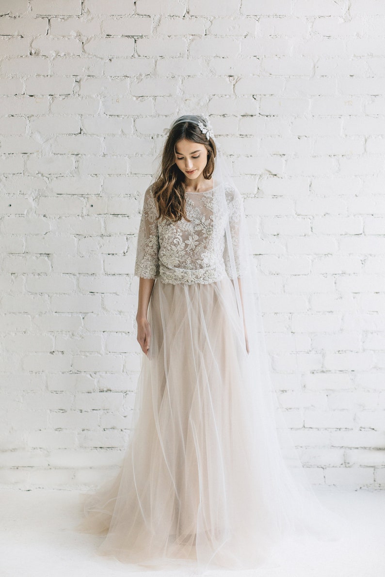 Nude Two Piece Wedding Dress, Floral Lace Wedding Top with Wide Sleeves, Bridal Tulle Skirt with Train PEONY LIMITED image 2