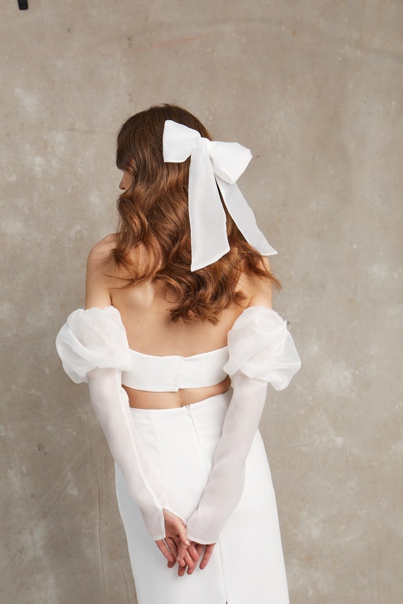 Organza Ivory Bridal Bow with Embroidered Phrase