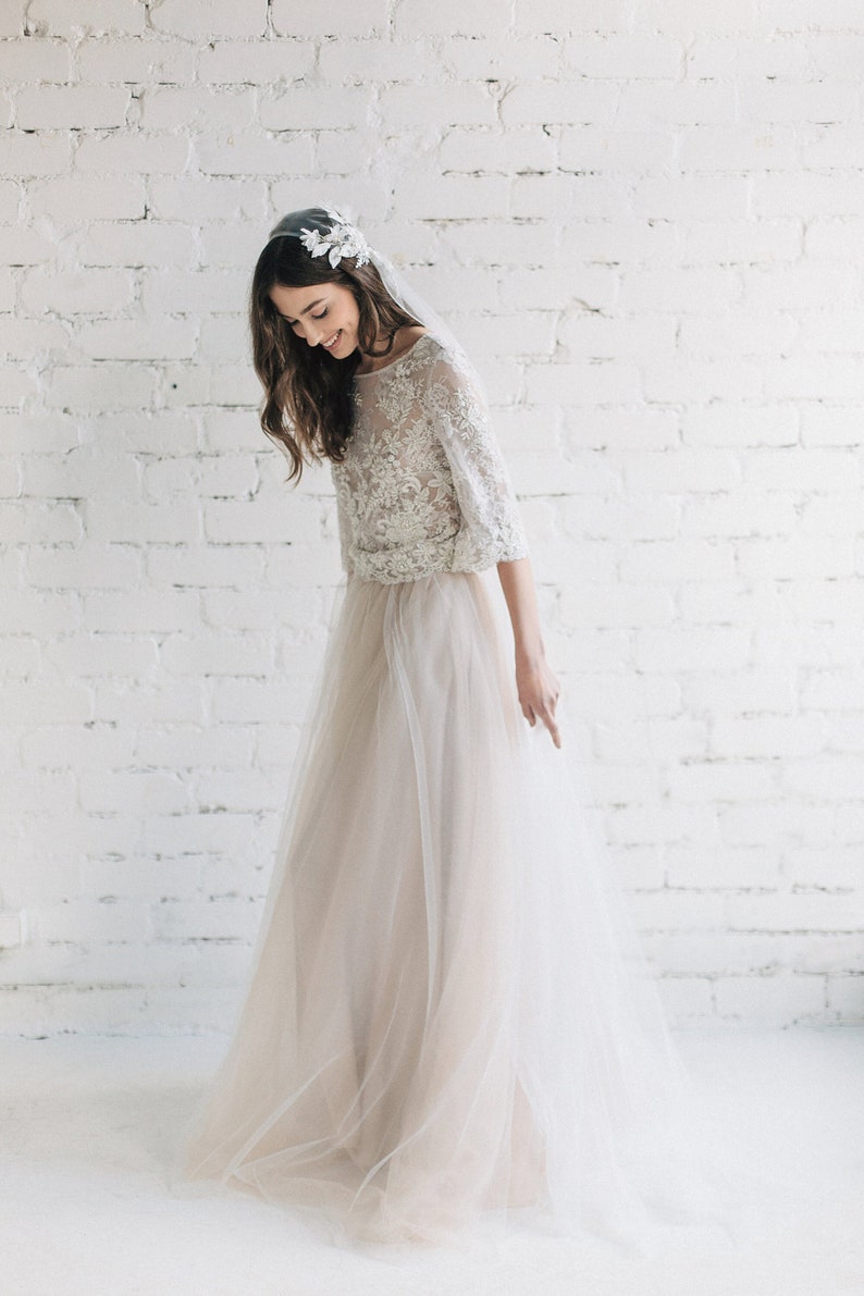 Nude Two Piece Wedding Dress, Floral Lace Wedding Top with Wide Sleeves, Bridal Tulle Skirt with Train PEONY LIMITED image 1