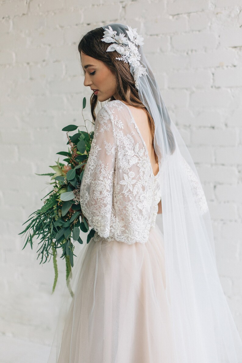 Nude Two Piece Wedding Dress, Floral Lace Wedding Top with Wide Sleeves, Bridal Tulle Skirt with Train PEONY LIMITED image 8