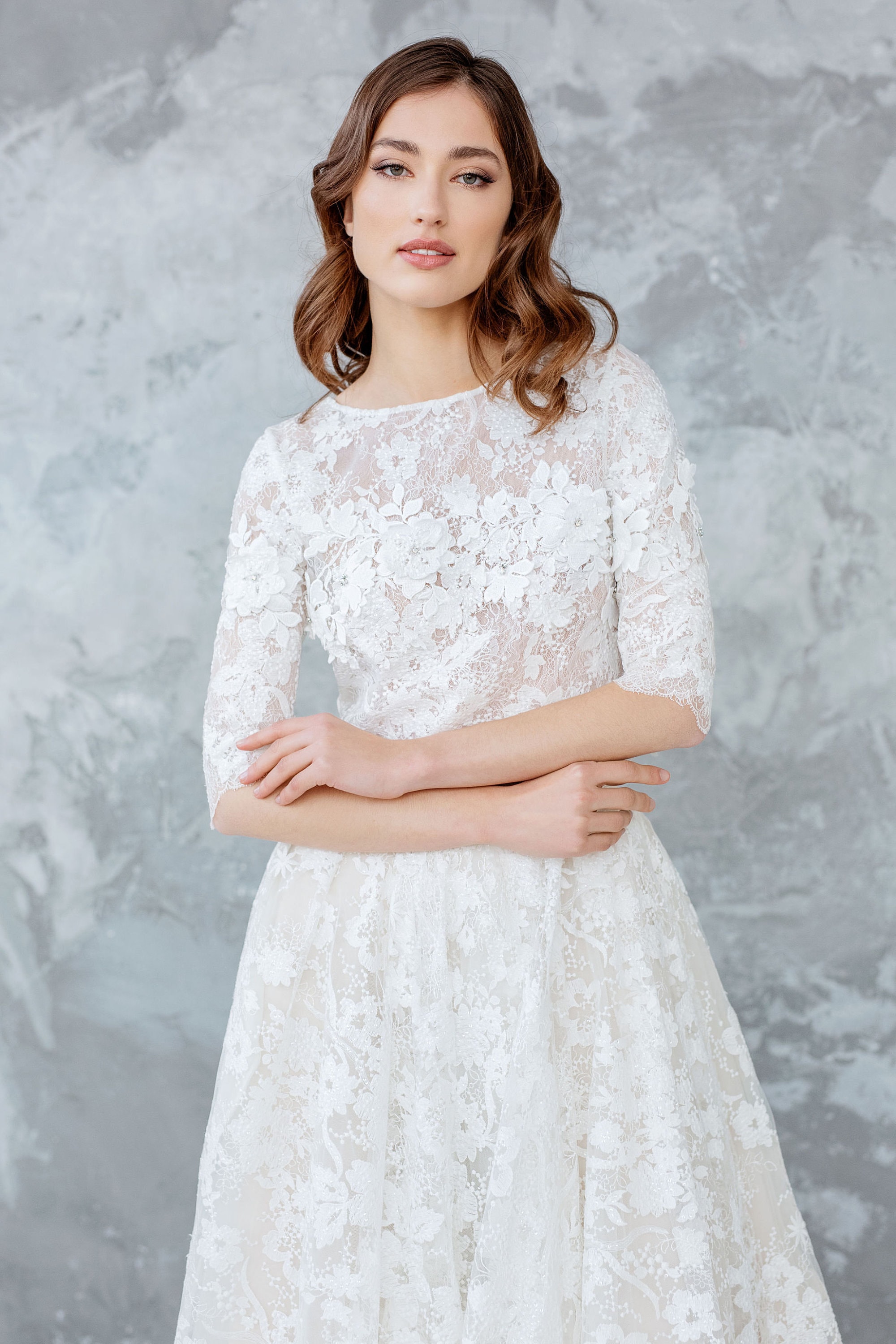 Minimalist Modern Lace Bridal Top Long Sleeve Bolero with 3D Flower Embroidered Lace Bridal Lace Top Separates with Long Sleeves