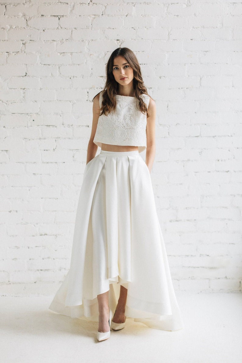 Two Piece Wedding Dress, Ivory Pleated High Low Wedding Skirt, Bridal Crop Top, Wedding Separates LILY image 2