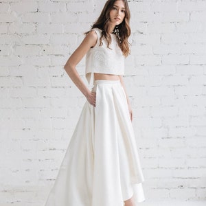 Two Piece Wedding Dress, Ivory Pleated High Low Wedding Skirt, Bridal Crop Top, Wedding Separates - LILY