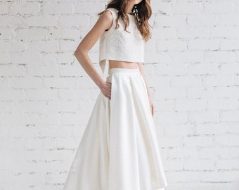Two Piece Wedding Dress, Ivory Pleated High Low Wedding Skirt, Bridal Crop Top, Wedding Separates - LILY