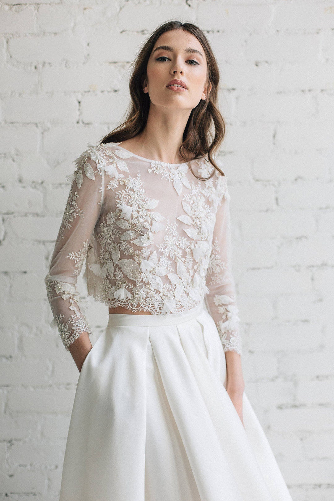 Lace Wedding Top, Ivory Gold Long Sleeve Bridal Lace Top With 3D Decor,  Wedding Dress Separates CAMILA LIMITED 