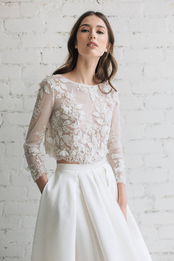 Lace Wedding Top, Ivory Gold Long Sleeve Bridal Lace Top With 3D