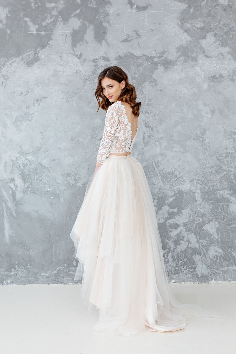 Long Sleeve Champagne Lace Wedding Dress
