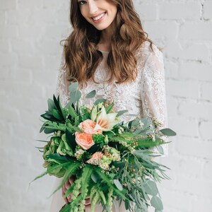 Nude Two Piece Wedding Dress, Floral Lace Wedding Top with Wide Sleeves, Bridal Tulle Skirt with Train PEONY LIMITED image 7