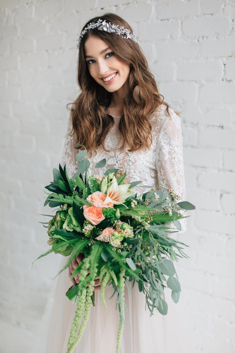 Nude Two Piece Wedding Dress, Floral Lace Wedding Top with Wide Sleeves, Bridal Tulle Skirt with Train PEONY LIMITED image 7