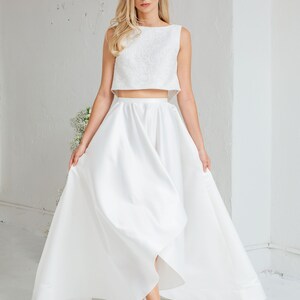 Two Piece Wedding Dress, Ivory High Low Skirt, Satin Top With Open Back ...