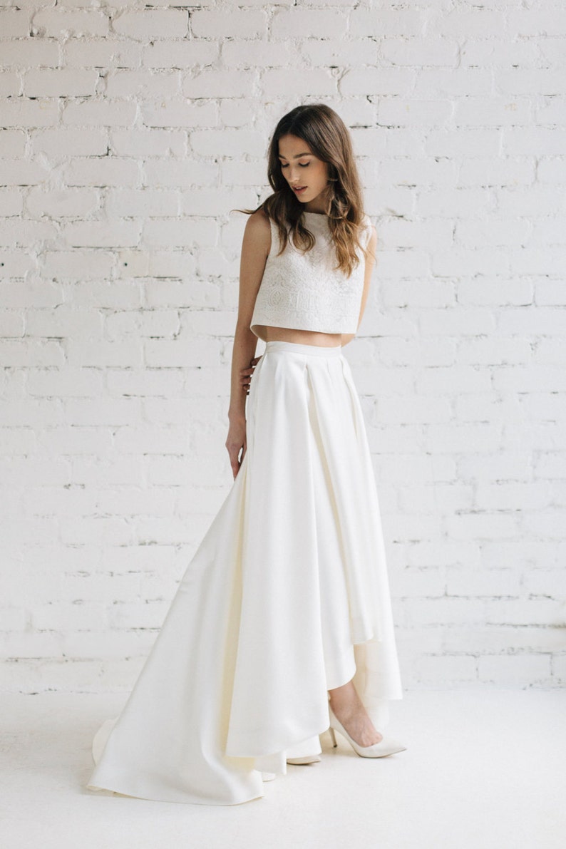 Two Piece Wedding Dress, Ivory Pleated High Low Wedding Skirt, Bridal Crop Top, Wedding Separates LILY image 3