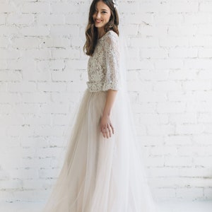 Nude Two Piece Wedding Dress, Floral Lace Wedding Top with Wide Sleeves, Bridal Tulle Skirt with Train PEONY LIMITED image 4