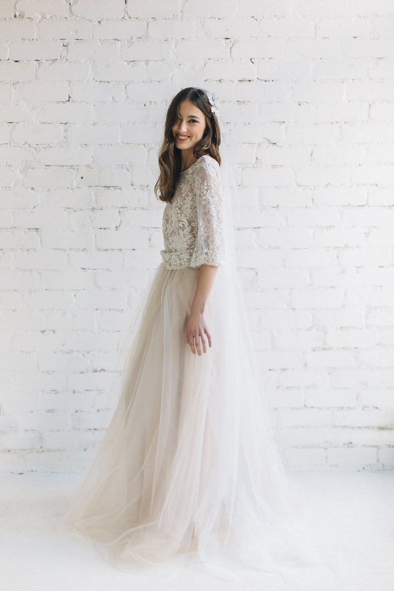 Nude Two Piece Wedding Dress, Floral Lace Wedding Top with Wide Sleeves, Bridal Tulle Skirt with Train PEONY LIMITED image 4