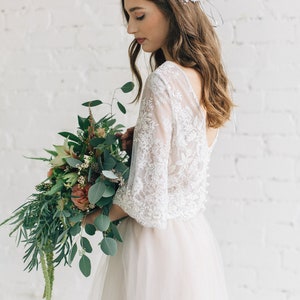 Nude Two Piece Wedding Dress, Floral Lace Wedding Top with Wide Sleeves, Bridal Tulle Skirt with Train PEONY LIMITED image 5