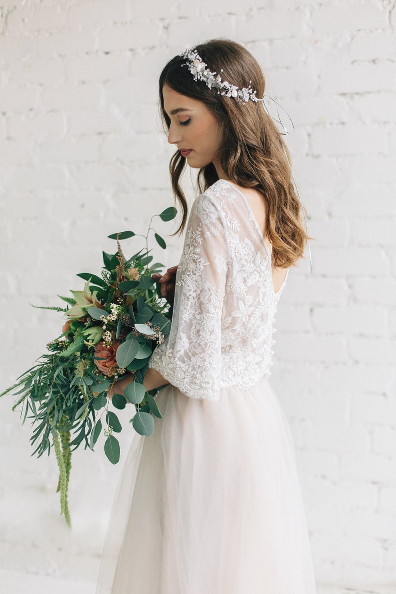 Nude Two Piece Wedding Dress, Floral Lace Wedding Top with Wide Sleeves, Bridal Tulle Skirt with Train PEONY LIMITED image 5