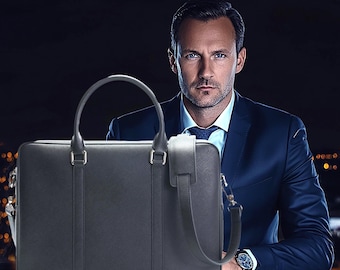Full Grain Leather Briefcase, Professional Laptop Messenger Bag for Men, Business 15" Computer Satchel