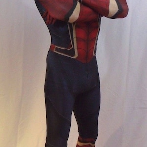 May include: A red and blue spandex costume with a spider web design. The costume includes a mask with a black eye piece and a white spider web design. The costume is worn by a person with arms crossed.