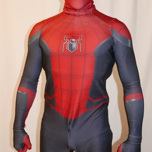 May include: A red and black Spider-Man costume with a detailed spider logo on the chest. The costume has a black mask with a white spider design.