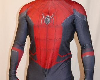 May include: A red and black Spider-Man costume with a detailed spider logo on the chest. The costume has a black mask with a white spider design.