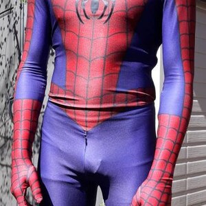 May include: A red and blue spandex costume with a spider logo on the chest. The costume has a mask with white eyes and a red and blue design.