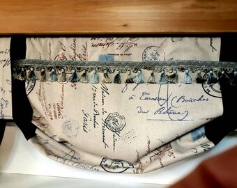 Custom Made French Country Postal Script Fabric And Burlap Valance