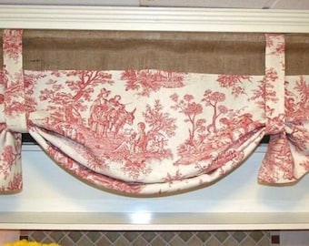 Custom Made French Country 100% Linen Toile And Natural Burlap Valance
