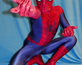 May include: A red and blue Spiderman costume with a spider web design. The costume has a mask with white eyes.