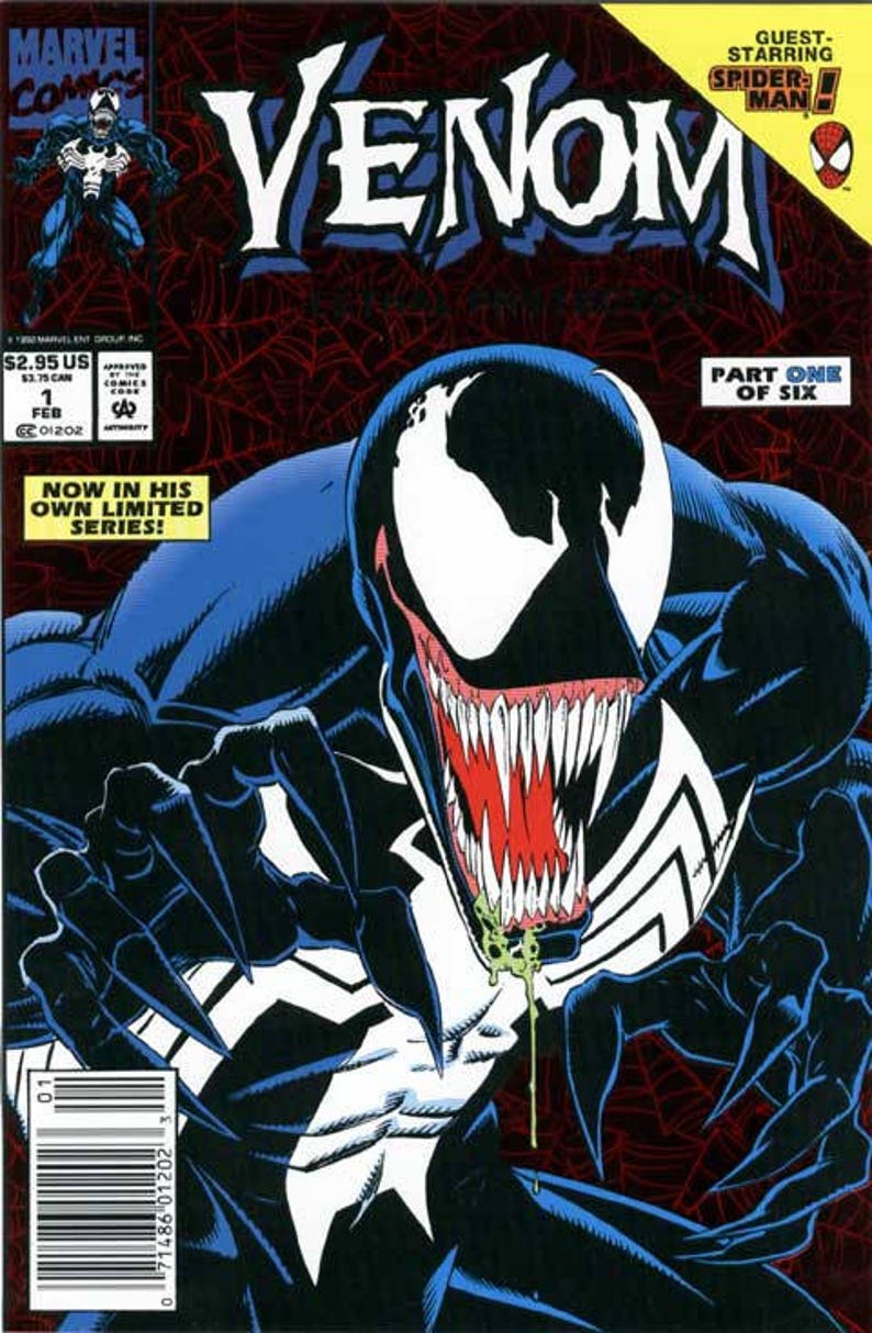 Puede incluir: Una portada de c&oacute;mic con Venom, un simbionte alien&iacute;gena blanco y negro, con una gran sonrisa de dientes. La portada es roja con un patr&oacute;n de telara&ntilde;a negra y el t&iacute;tulo "VENOM" en letras blancas. El texto "GUEST-STARRING SPIDER-MAN!" est&aacute; en un recuadro amarillo en la esquina superior derecha.