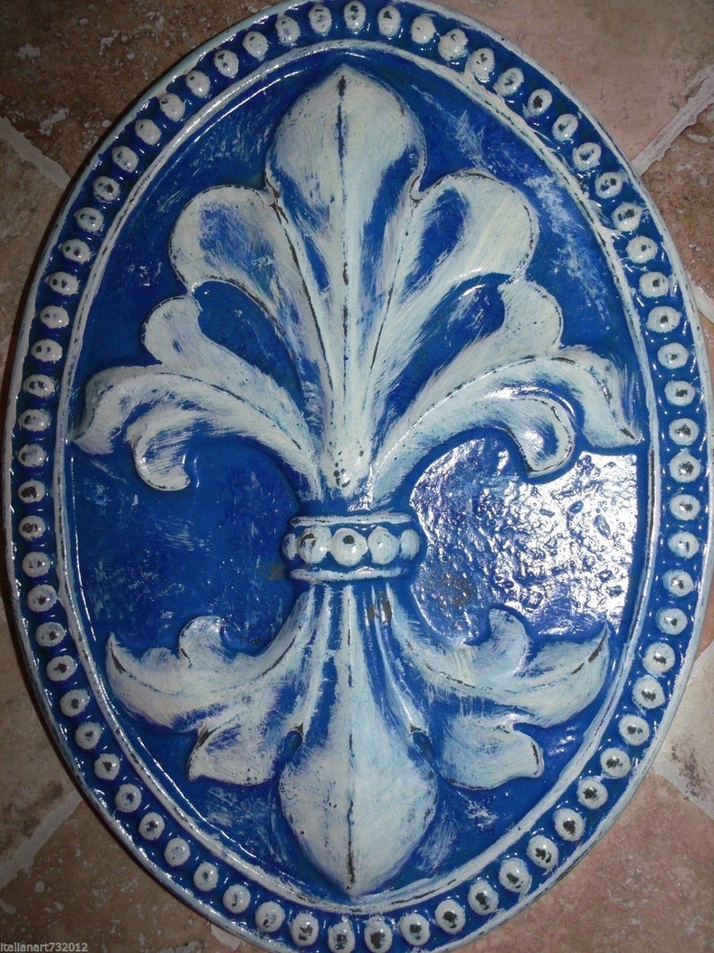 Fleur De Lis Oval Cast Stone Tile Wall Plaque Etsy