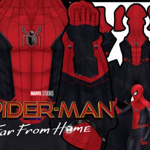 May include: A red and black Spider-Man costume pattern with the text "Spider-Man Far From Home" and the Marvel Studios logo. The pattern includes the torso, legs, arms, and hands.