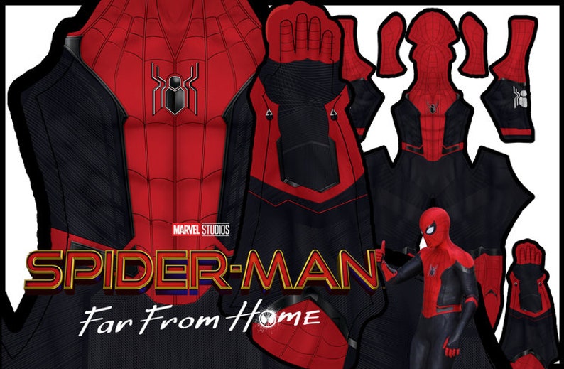 May include: A red and black Spider-Man costume pattern with the text "Spider-Man Far From Home" and the Marvel Studios logo. The pattern includes the torso, legs, arms, and hands.