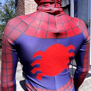 May include: A red and blue spandex costume with a spider logo on the back. The costume has a zipper in the back and a web pattern on the front and back.