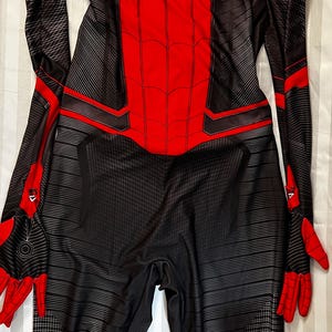 May include: Red and black spandex costume with a spider logo on the chest. The costume has a web pattern and black accents.