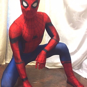 May include: A red and blue spandex superhero costume with a spider web design. The costume includes a mask with white eyes and a black spider logo on the chest.