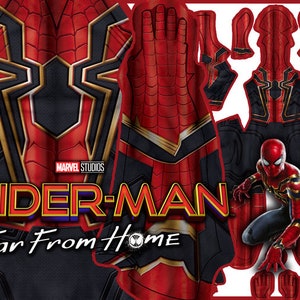 May include: A red and black Spider-Man costume pattern with gold accents. The pattern includes the chest, arms, legs, and head. The costume is from the movie Spider-Man: Far From Home.  MARVEL STUDIOS is printed on the pattern.