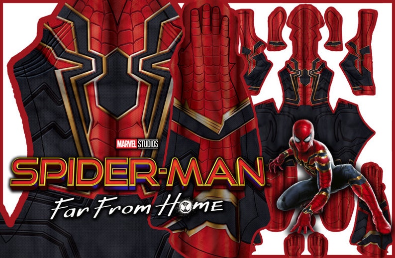 May include: A red and black Spider-Man costume pattern with gold accents. The pattern includes the chest, arms, legs, and head. The costume is from the movie Spider-Man: Far From Home.  MARVEL STUDIOS is printed on the pattern.