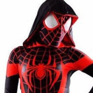 May include: A black and red hooded Spiderman costume with a spider web design.