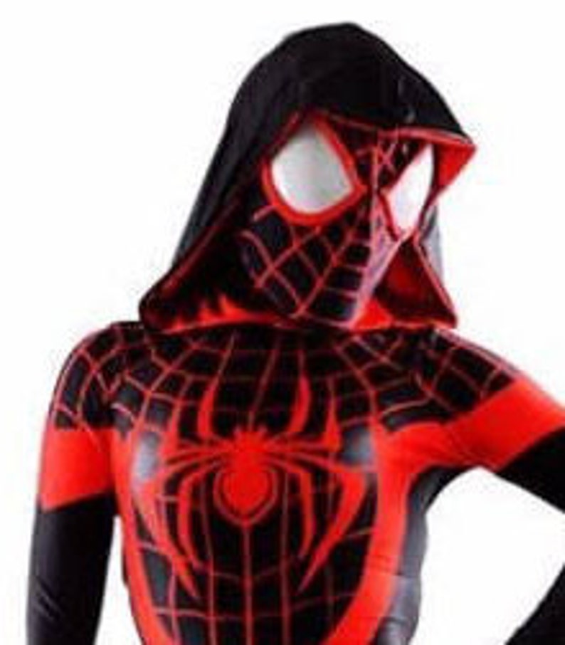 May include: A black and red hooded Spiderman costume with a spider web design.