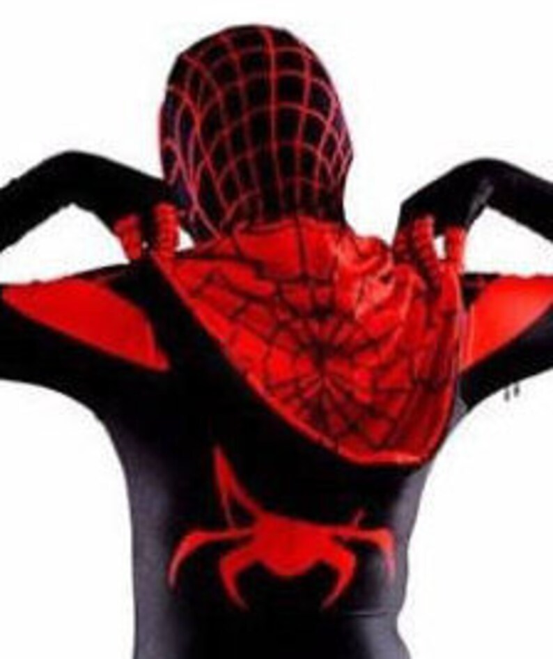 May include: Black and red hooded jumpsuit with a spider web design. The hood has a spider web pattern and a black spider on the back.