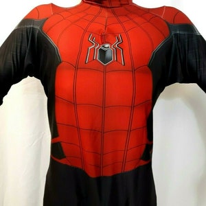 May include: A red and black spandex costume with a spider logo on the chest. The costume has a web pattern throughout.