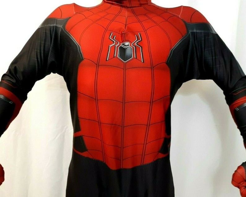 May include: A red and black spandex costume with a spider logo on the chest. The costume has a web pattern throughout.
