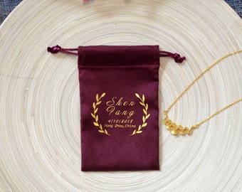 Personalized jewelry pouch,Wine red velvet drawstring pouch with printing golden logo,Wedding party favor bags,Hangover Kits pouch