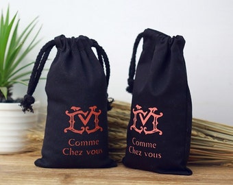 Custom black cotton pouch Muslin drawstring blank bag personalize LOGO wedding favor gift packaging reusable bag- xyhk6